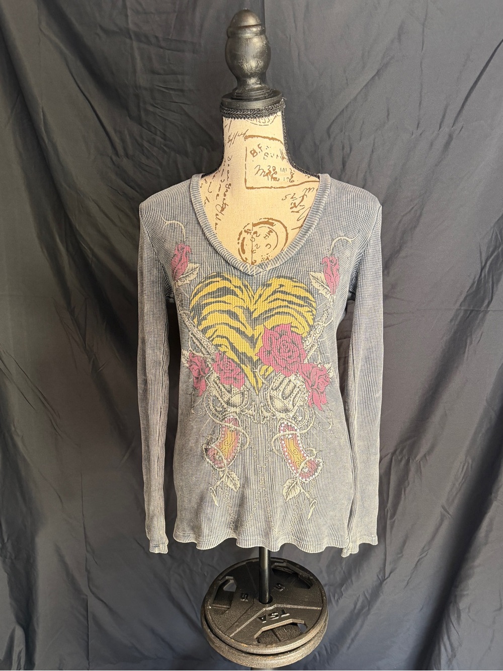 Vintage Y2K Affliction Style Revolver x Tiger Print Heart Rhinestone Graphic Top